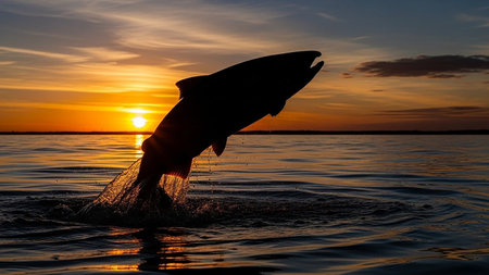 Silhouette of a shark leaping from the ocean during a vibrant sunsetの素材