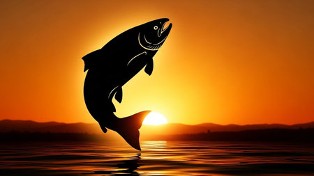 A majestic fish leaps out of the water against a vibrant orange sunset backdrop.の素材
