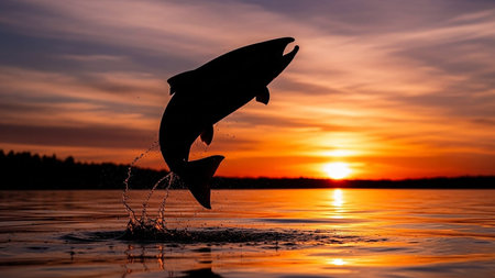 Silhouette of a salmon leaping from the water during a vibrant orange sunset.の素材