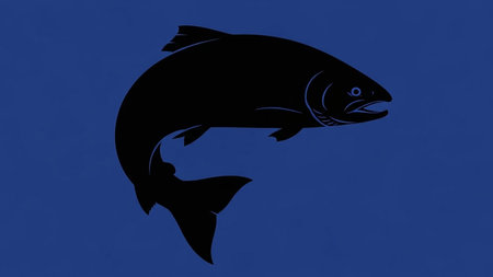 A black silhouette of a salmon fish on a solid blue background, creating a striking visual contrast.の素材