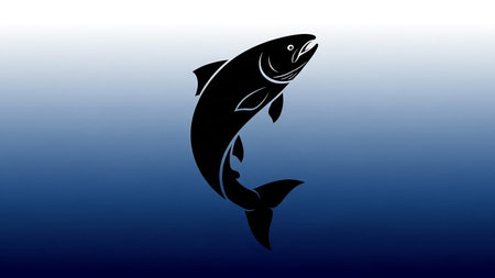 Black silhouette of a salmon leaping from the ocean against a gradient blue backgroundの素材