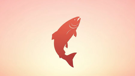Stylized red salmon jumping on soft pink gradient backgroundの素材