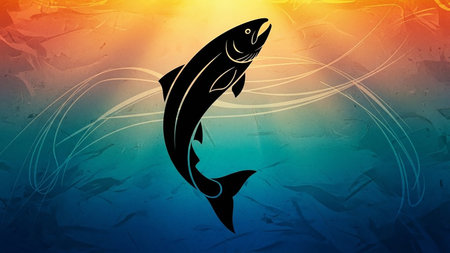 A black silhouette of a salmon jumping out of the ocean against a vibrant gradient backgroundの素材