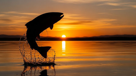 Silhouette of a fish leaping from a fishing net into the water at duskの素材