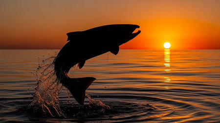 Fish leaping out of water during vibrant orange sunsetの素材