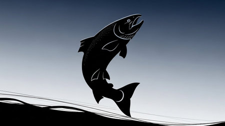 A salmon jumping out of the water against a gradient backgroundの素材