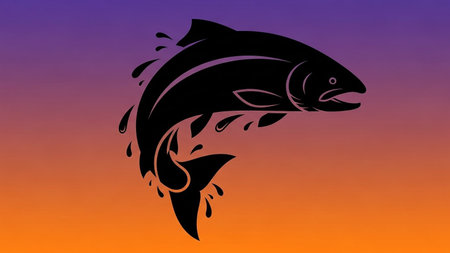 Black silhouette of a salmon leaping from water against a vibrant orange and purple gradient backgroundの素材