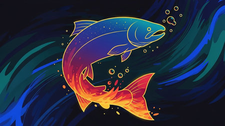 Stylized fish with neon colors swimming in dark waterの素材
