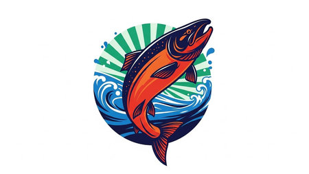 Colorful digital illustration of a salmon leaping from the ocean wavesの素材