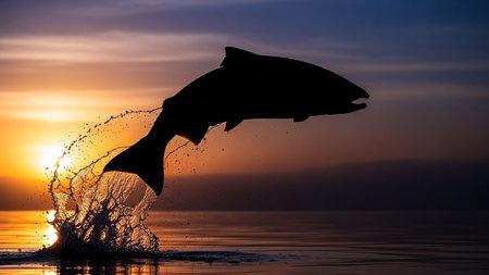 A fish leaps out of the water against a vibrant sunset backgroundの素材