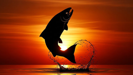 A fish jumping out of the water against a vibrant orange sunsetの素材