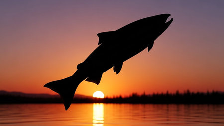 A salmon jumps out of the water at sunrise or sunset, creating a silhouette against a vibrant sky.の素材