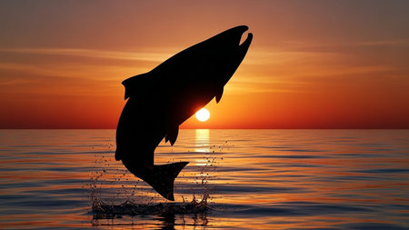 Silhouette of a shark breaching the ocean surface during a vibrant sunsetの素材