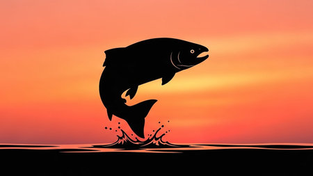 Silhouette of a salmon jumping out of the water against a vibrant orange sunset backgroundの素材