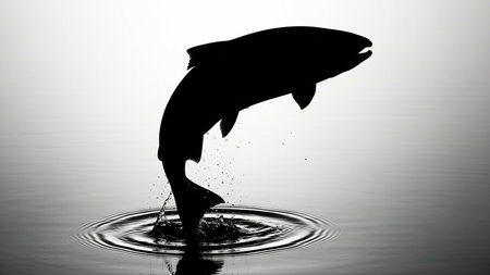 Black silhouette of a fish breaking the surface of the water with ripplesの素材