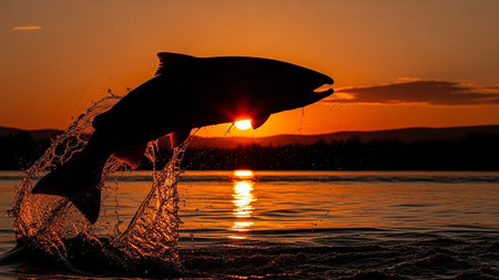 Silhouette of a fisherman catching a salmon in a net during a serene sunset over a calm lake.の素材