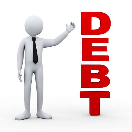 3d illustration of businessman presenting concept word debt   3d rendering of human people character の写真素材
