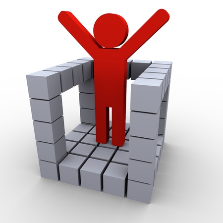 3d illustration of red winner man in abstract cube structure の写真素材