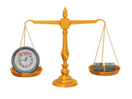 3d illustration of clock and dollar packet balance on golden scaleの写真素材