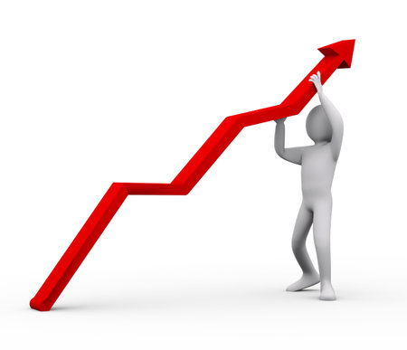 3d illustration of person pushing red progress arrow upward   3d rendering of human people character の写真素材