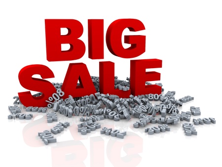 3d illustration of red big sale word and heap of different percentageの写真素材