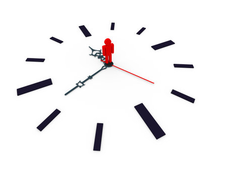 3d illustration of closeup of clock with man standing in the centreの写真素材