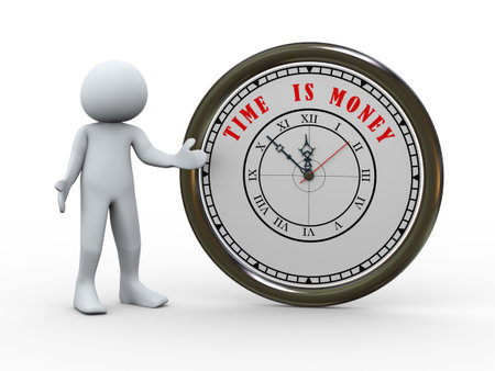 3d illustration of man wth clock with words time is money  3d rendering of human character