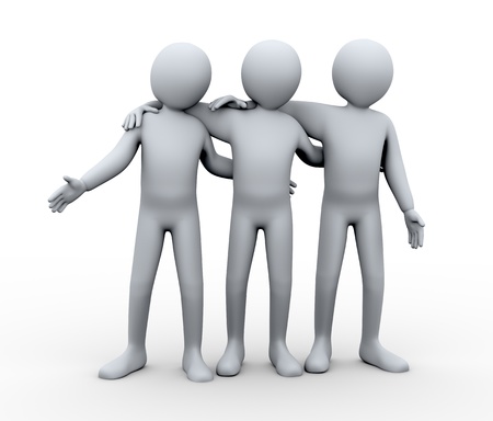 3d illustration of three friends hugging  3d rendering of human character and friendship concept の写真素材