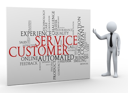3d Illustration of man presenting word tags wordcloud of customer service  3d rendering of human people character の写真素材