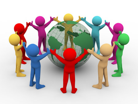3d illustration of differnt colorful man holding hands in circle around transparent globe   3d rendering of human people character の写真素材