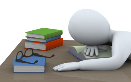3d illustration of tired student sleeping over books at the table  3d rendering of people - human characterの写真素材