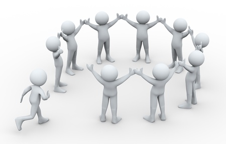 3d illustration of man running to join group of people connected in circular shapeの写真素材