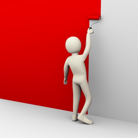 3d illustration of person painting on wall with red roller brushの写真素材