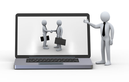 3d illustration of businessman presentation of laptop with business partner handshake on screen の写真素材
