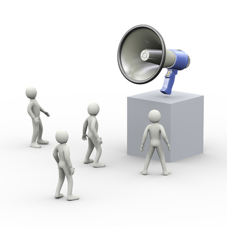 3d illustration one big megaphone and people listening to announcement  3d rendering of human people character の写真素材