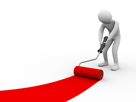 3d illustration of man painting with red roller brush  3d rendering of human people character の写真素材