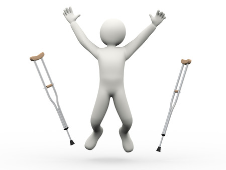 3d illustration of person joyful jump throwing crutches   3d rendering of human people characterの写真素材