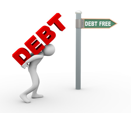 3d illustration of person caryying word debt toward debt free zone pointed by road sign post.  3d rendering of human people character.の写真素材