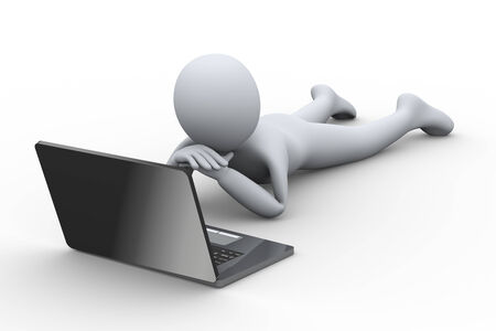 3d illustration of man lying relaxed on floor looking at laptop   3d rendering of human people character の写真素材