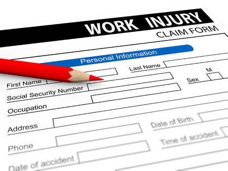 3d illustration of red pencil over work injury compensation claim form.の写真素材