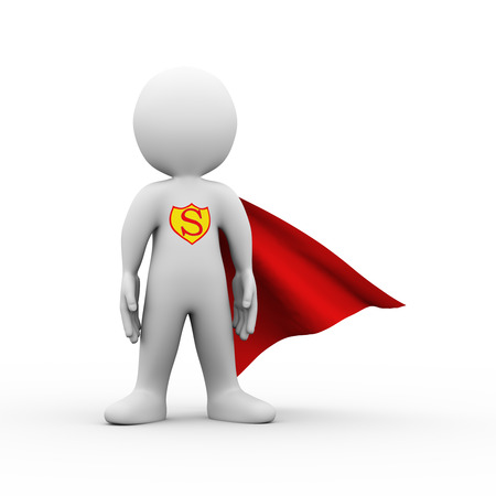 3d illustration of brave superman super hero with red cloak confident standing posture gesture.  3d rendering of white man person people characterの写真素材