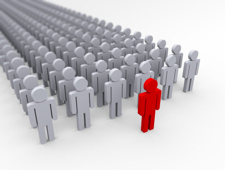 3d illustration of red leader in front of his follower.  3d rendering of human people character