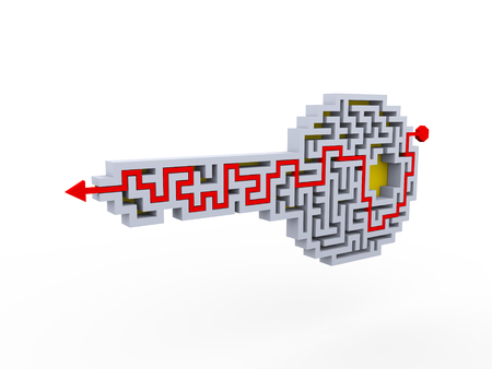 3d illustration of solved key shape labyrinth maze puzzleの写真素材