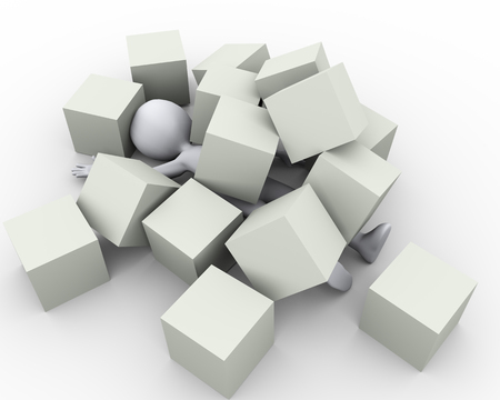 3d illustration render of man under and covered by falling cubes boxesの写真素材