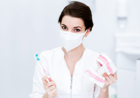 A beautiful girl dentist in a medical suit, a protective mask on her face, holds a model of the jaw...