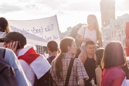 Minsk Belarus - August, 2020: Peaceful protests in Belarus. Presidential elections in Belarus 2020. Supporters of presidential candidate Svetlana Tikhanovskaya at rally in Minsk. Horizontal photoのeditorial素材
