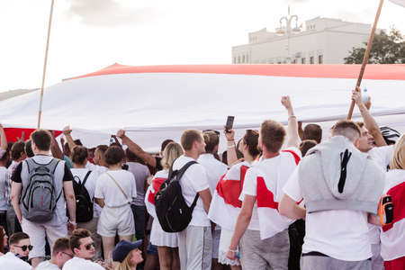 Minsk, Belarus - Aug 16, 2020: Biggest peaceful protest demonstrations in modern history of Belarus. More than 200 thousands people gathered to demand new fair elections and resignation of Lukashenko. Horizontal photoのeditorial素材