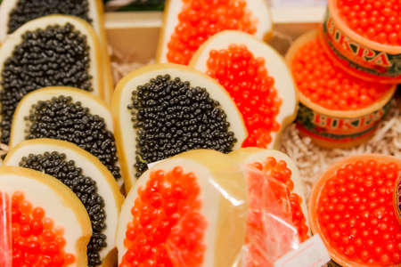 Collection of soaps in the form of sandwiches with red and black caviar. Horizontal photoの写真素材