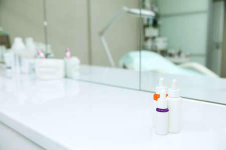 cosmetic and personal care products on table in the beautician office. Horizontal photoの写真素材