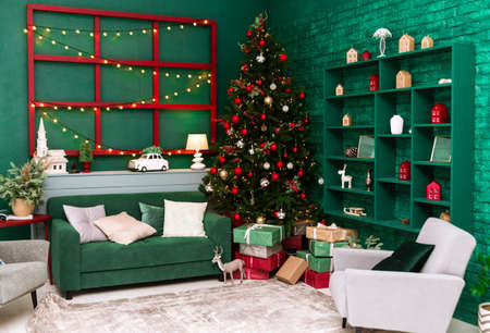 New Year interior of the room in white-red-green tones. Photoの写真素材